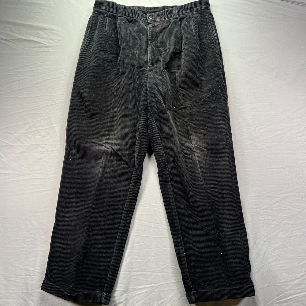 Jos A Bank Corduroy Pants Mens 35x30 (Fits 32x30) Black Wide Wale Pleated Cuffed